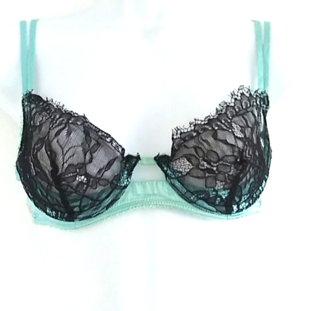 Badgley Mischka Satin Blue Black Lace Bra